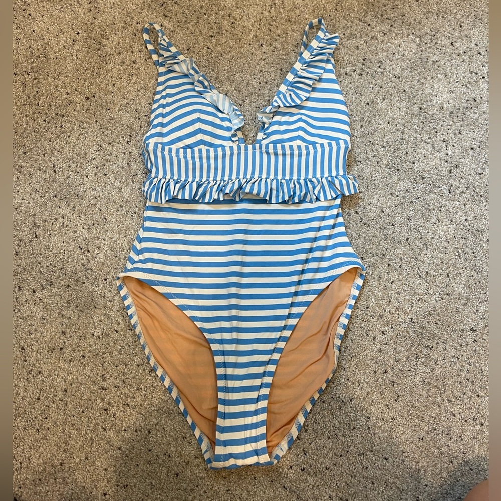 J. Crew Blue and White One Piece Swimsuit with Ruffle Trim